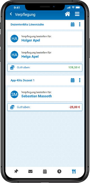 kitaplus Eltern-App Ansicht auf einem Smart-Phone mit der Darstellung des Verpflegungsportals